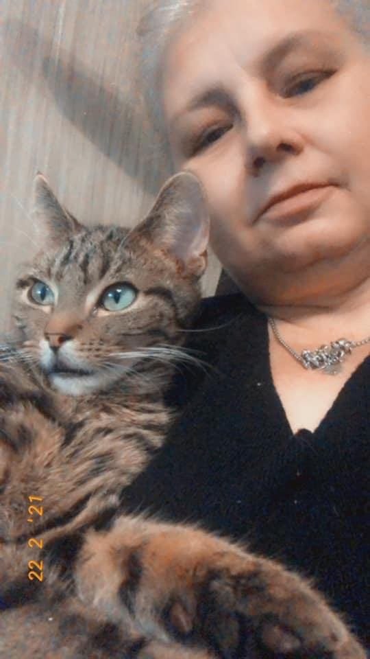 A tabby cat with pale blue-green eyes held close by a woman