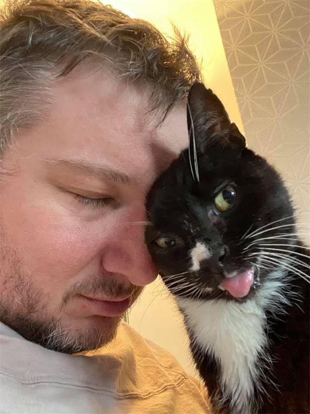 A black and white cat pressing its head against a man's forehead