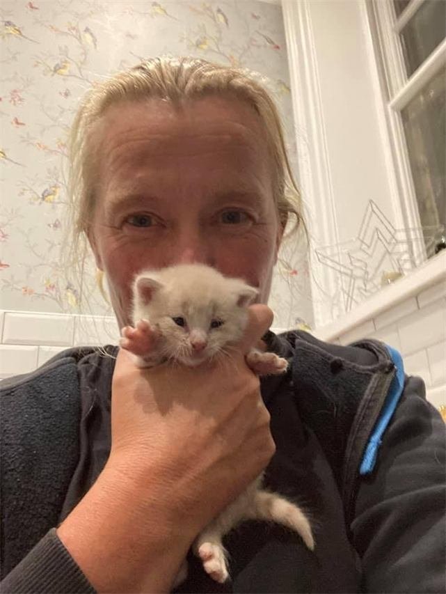 A woman holding a tiny cream-coloured kitten up to her face