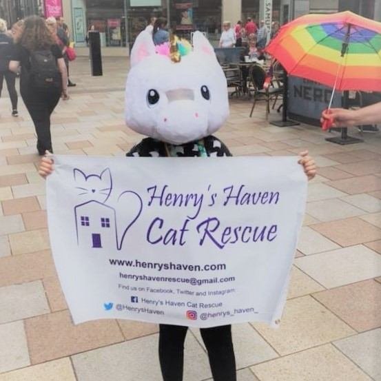 A volunteer in a unicorn costume holding a Henry's Haven Cat Rescue banner in a shopping centre